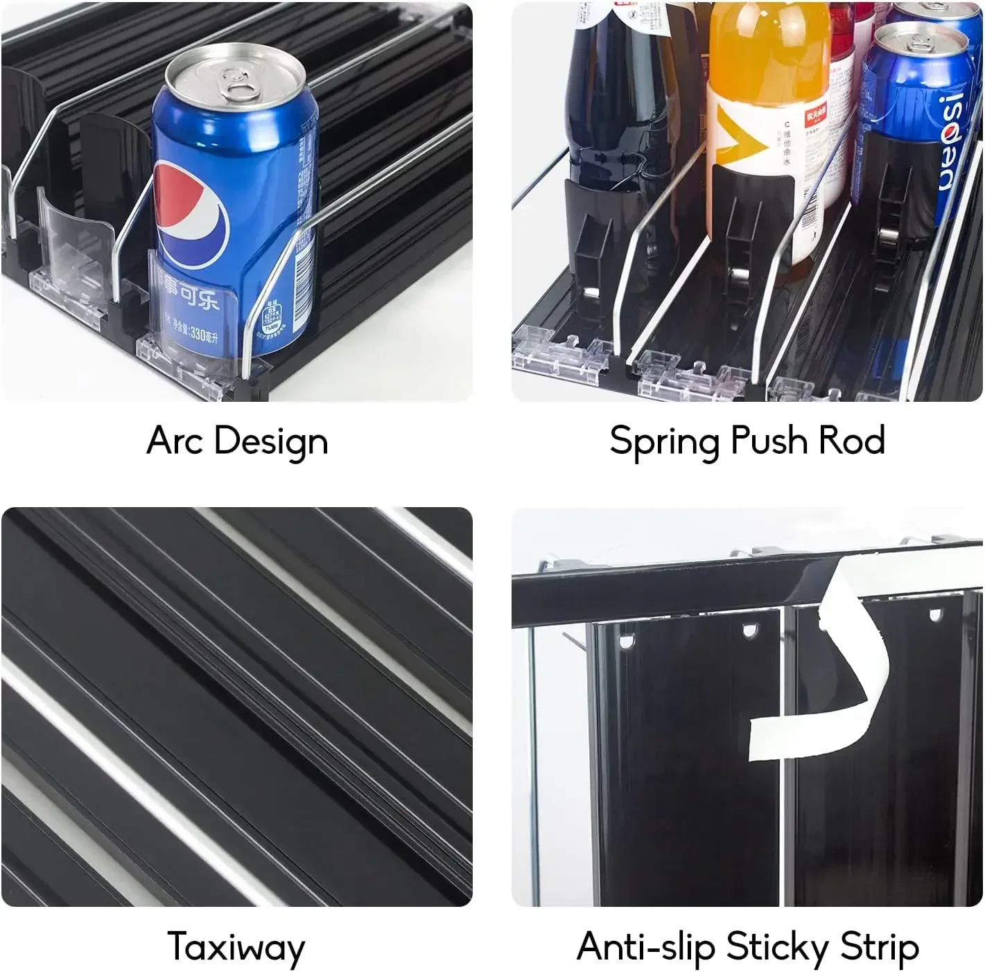 Drink Organizer Dispenser Spring Push Adjustable Width Beverage Water Beer Storage Self-Pushing Can Organizer for Refrigerator