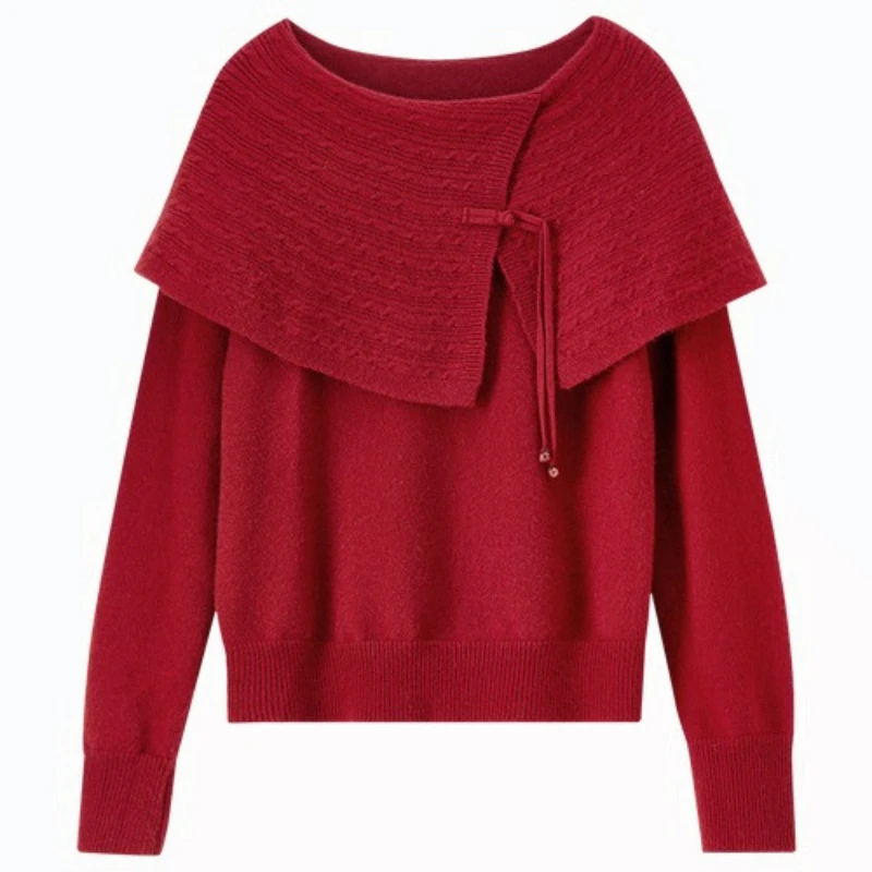 سترات نسائية بياقة شال على الطراز الصيني من SENTUBILA لخريف 2025 بلوفرات فضفاضة عالية القوة محبوكة أنيقة W54EE4040