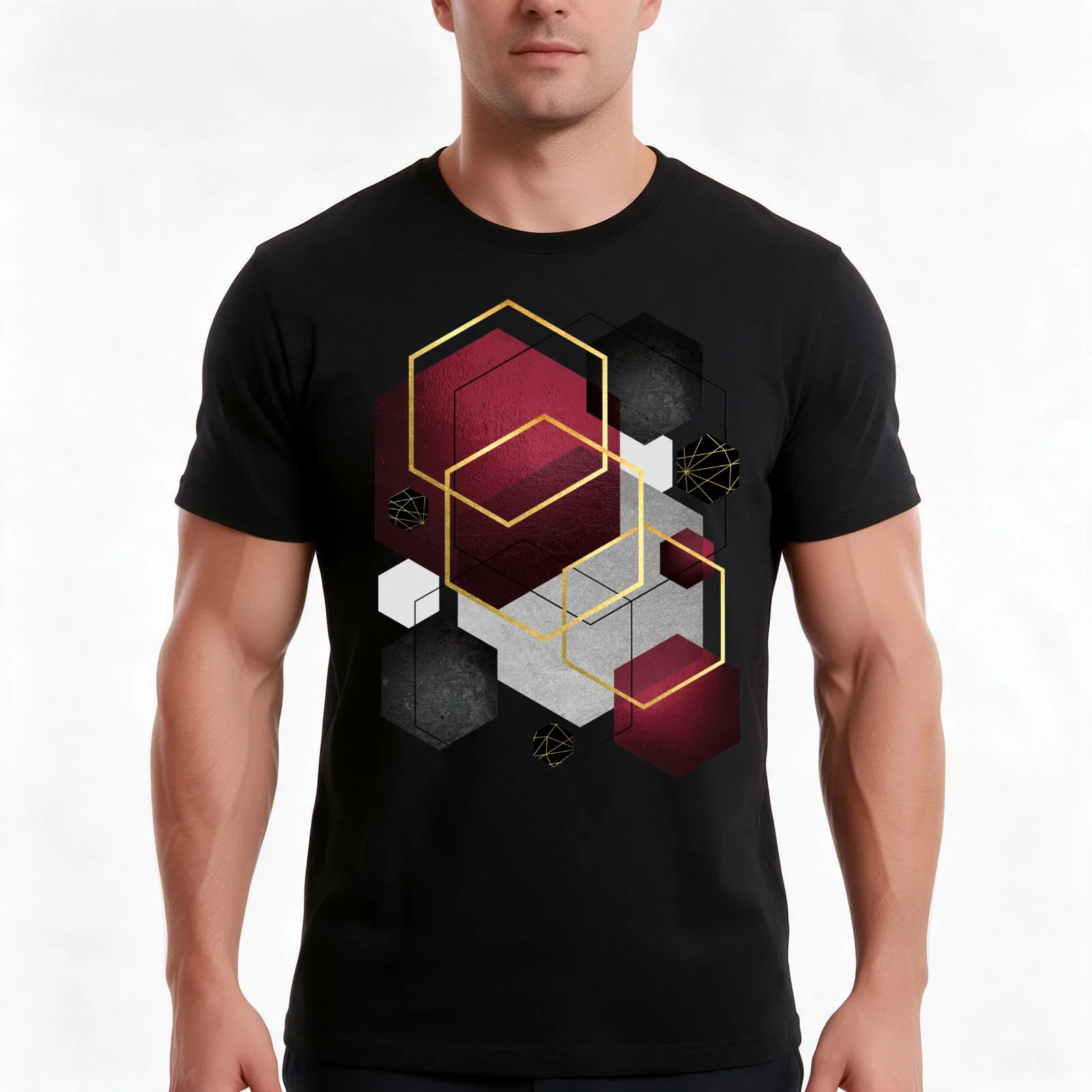 Geometric Hexagons in Red and Black T-Shirt, Summer Casual Cotton Tee, Oversized Streetwear Tops, Vintage Graphic Print