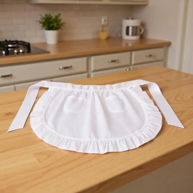 女性用ハーフ丈キッチンエプロン、ショートロリータメイド風セクシーレース、黒白ビブ、ビューティーフラワー、コーヒーショップ、ピナフォア、ホームワーク用