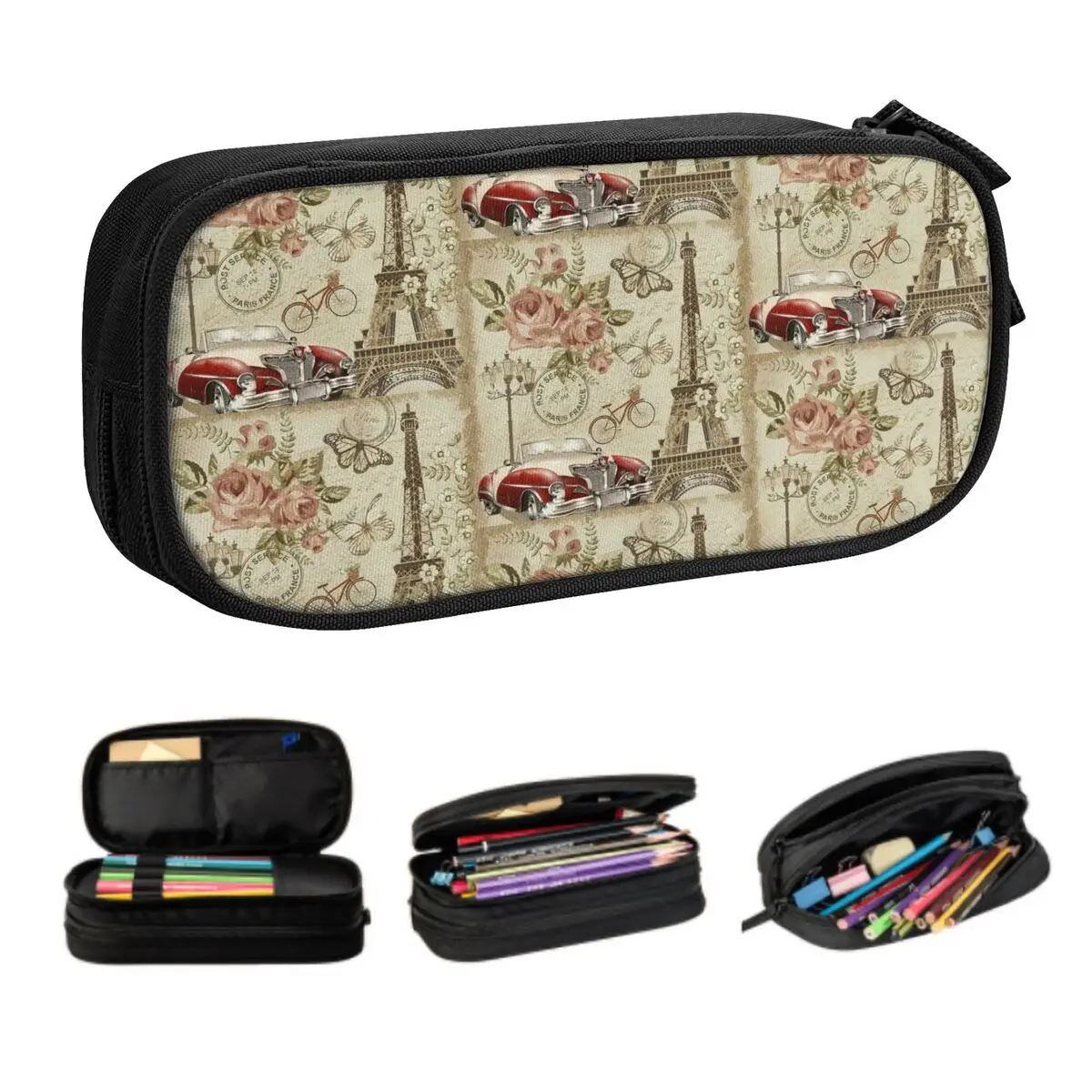 

Custom Cute Vintage France Paris Eiffel Tower Pencil Cases for Boys Gilrs Large Storage Flower Pink Pencil Box Stationery