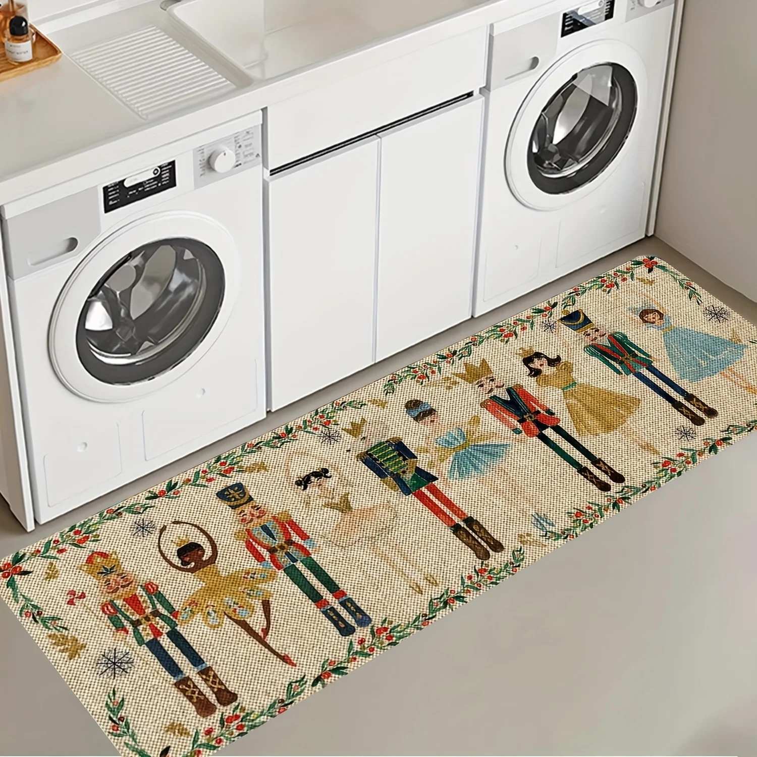 1pc Nutcracker laundry area carpet, non-slip machine washable flannel floor mat, comfortable hallway standing mat