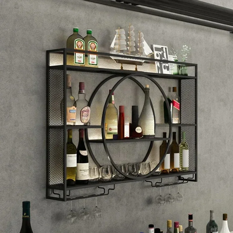 Portabottiglie da parete Armadietto da bar in metallo nero con supporto in vetro Mini ripiano per bottiglie di vino Decorazione della cucina di casa