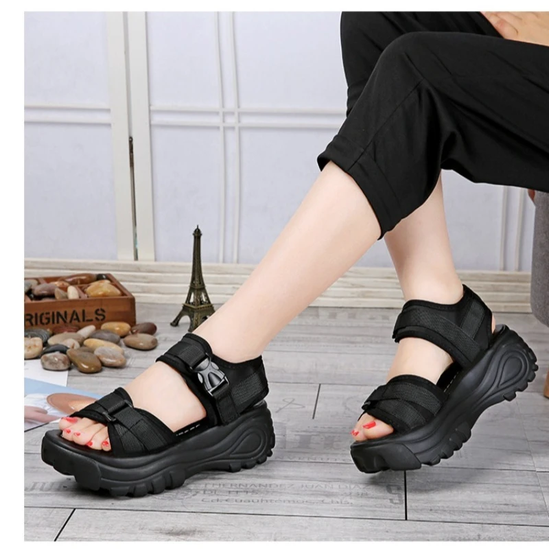 

2026 Summer Women Roman Sandals Thick Sole Platform Wedge Magic Tape Casual Fish Mouth Beach Shoes Black Red Size 34-41 T