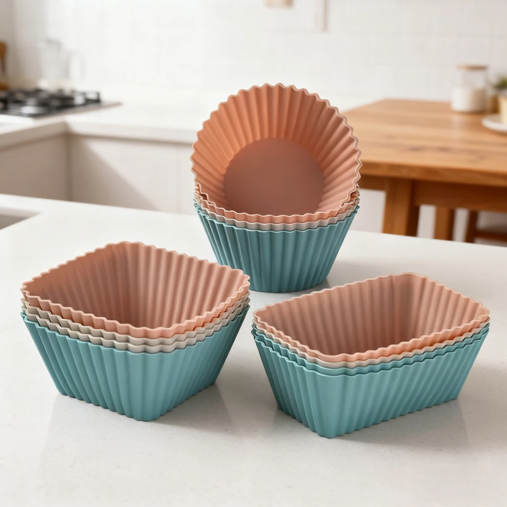 12Pcs Silicone Muffin Cups Baking Cupcake Liners Square Nonstick Cake Molds Bento Lunch Box Dividers Reusable Baking Mold