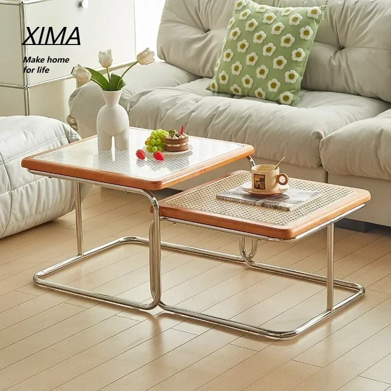 Rattan craftsmanship retro style stainless steel material suitable for bedroom/living room small square table, coffee table