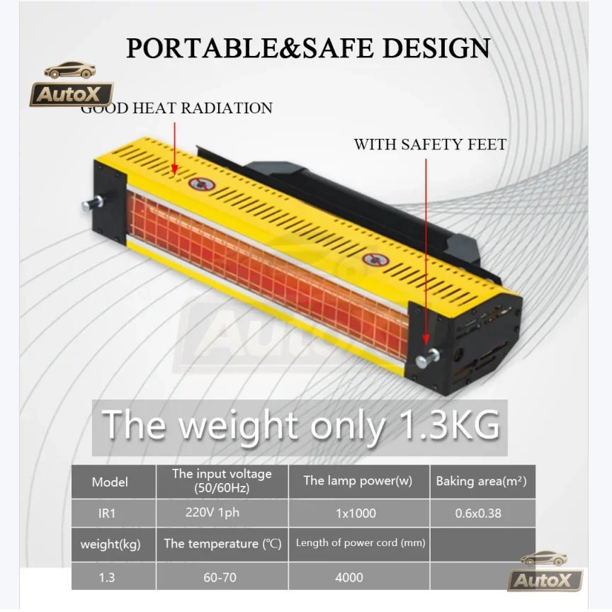 อุปกรณ์ซ่อมตัวถังรถยนต์ โคมไฟบ่มสี Auto X 1000 วัตต์ อุปกรณ์อบแห้งด้วยแสงอินฟราเรดแบบพกพา IR1 พร้อมโคมไฟอินฟราเรดสีแดง