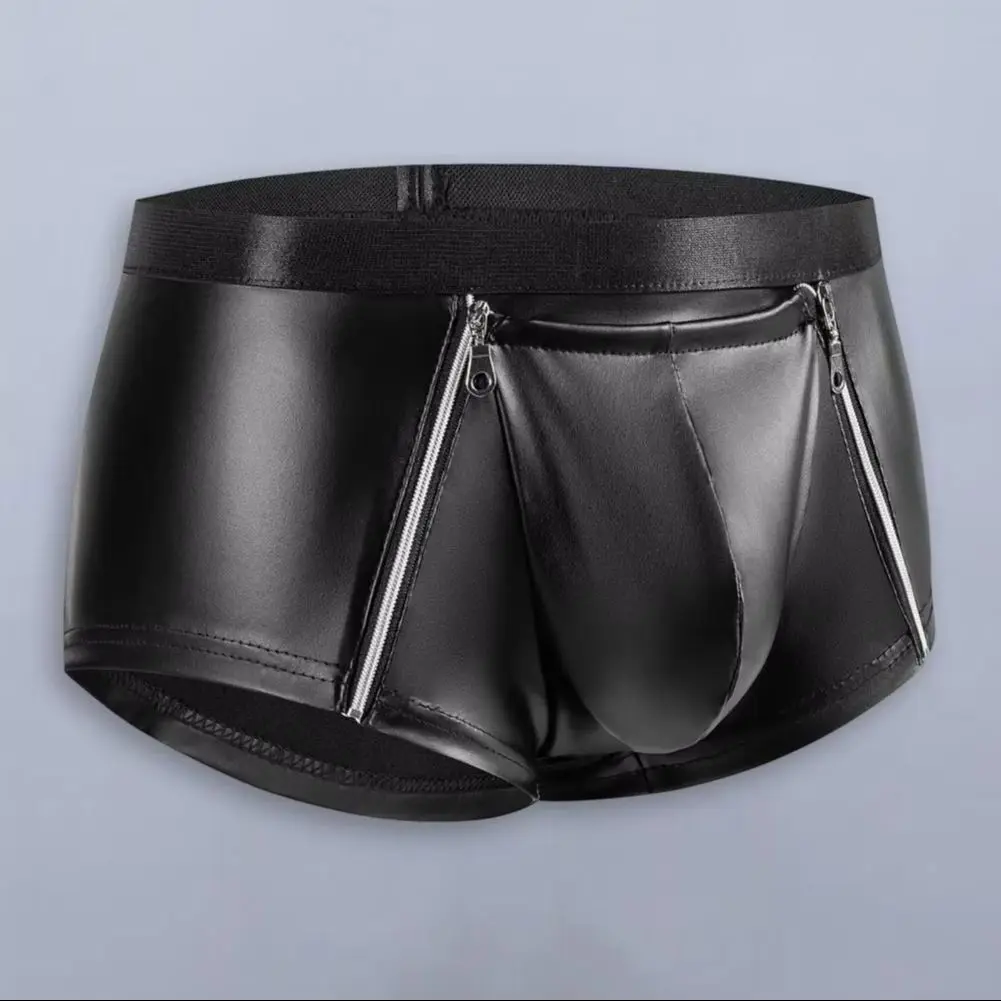 Men Sexy Double Zipper Underwear Elastic Mid-rise Hot Shorts Bulge Pouch Shorts Panties Smooth Matte Clubwear Underwear