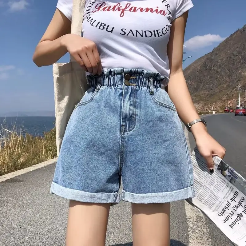 

High Waist Elastic Waist Denim orts Women's Loose Summer Thin New Large Size A-Line Wide Leg Hot Pants Versatile Slimming