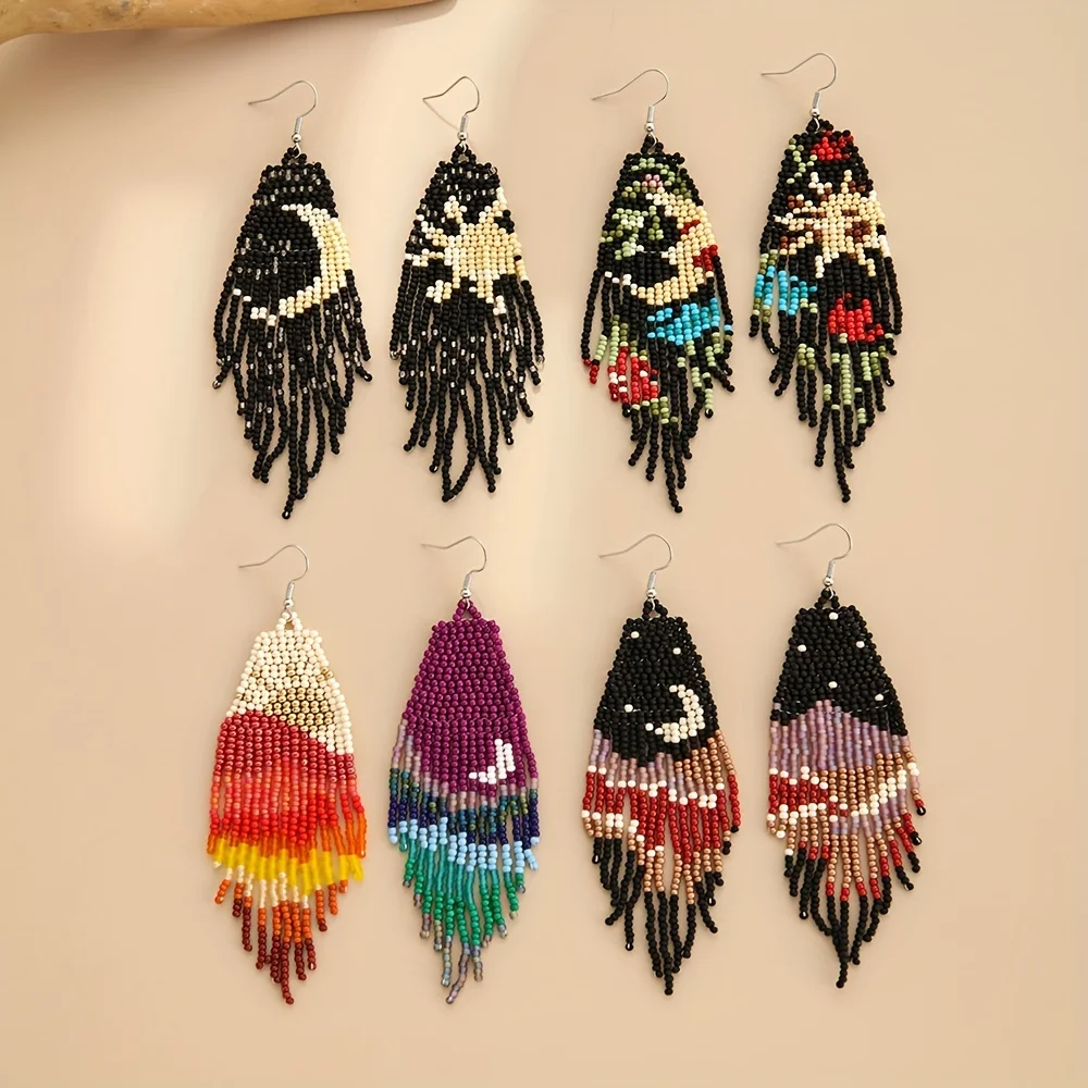 Bohemian Asymmetric Earrings, Star Moon Scenery Tassel Earrings, Handmade Beaded Earrings