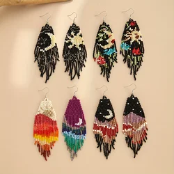 Bohemian Asymmetric Earrings, Star Moon Scenery Tassel Earrings, Handmade Beaded Earrings