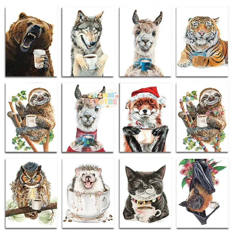 Funny Animals Drink Coffee Poster Prints Latte Grizzly Bear Tiger Alpaca Wall Art Canvas Painting Kitchen Bar Home Decor Cuad