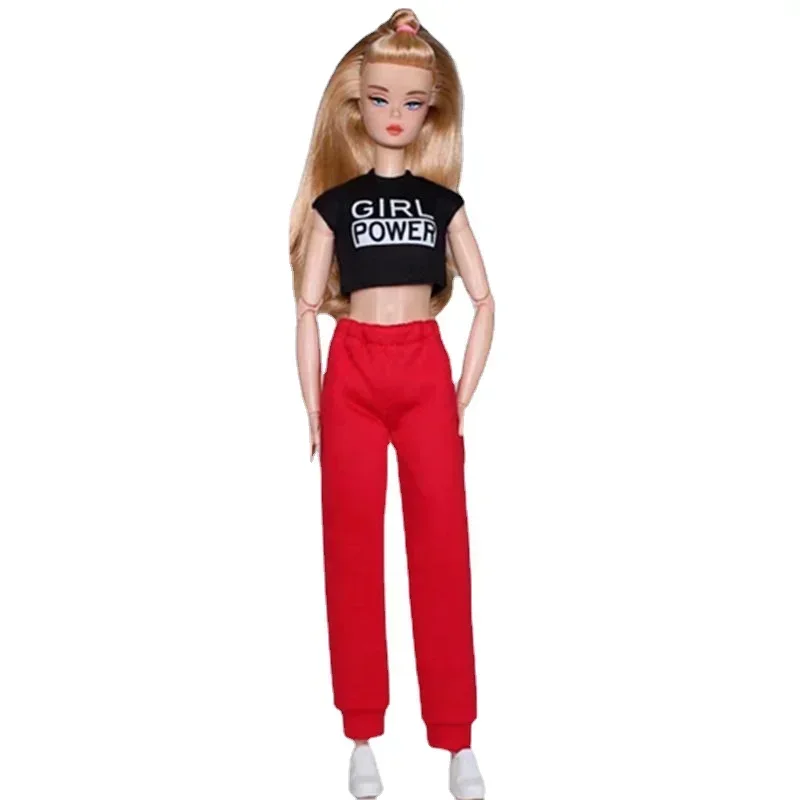 Black Crop Top & Red Pants 30cm Doll Outfits Set for Barbie Clothes for Barbie Doll Clothes Shirt Trousers 1/6 Accessories Toys