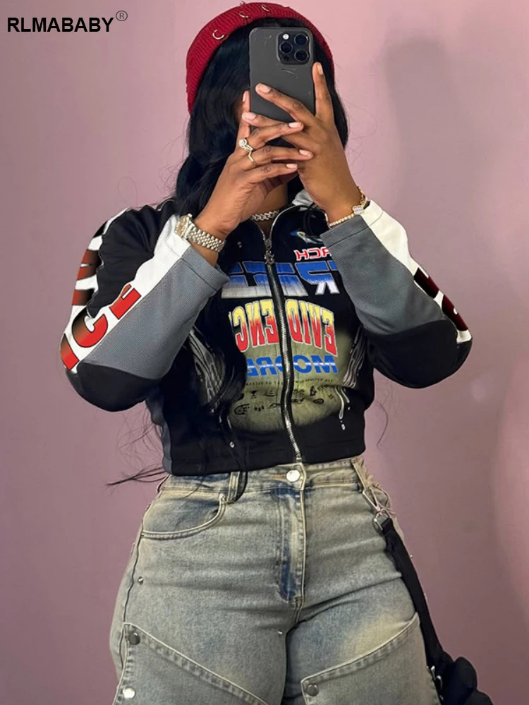 

RLMABABY 2025 Autumn Turtleneck Long Sleeve Zipper Women Crop Jacket Casual Hipster Print Letter Motorcycle Outwear Jacket Coat