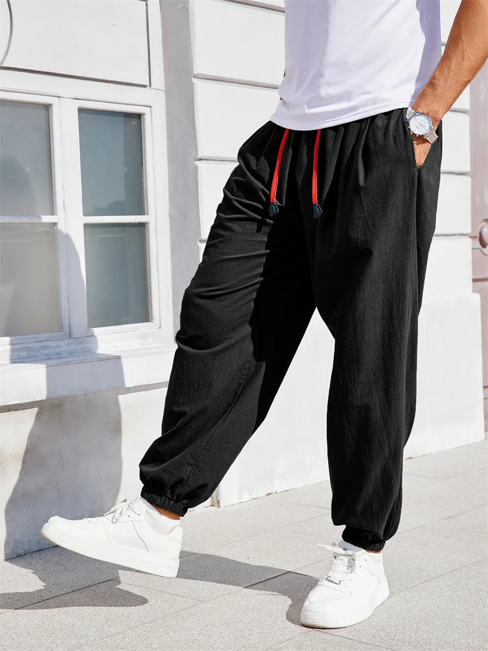 Herren-Haremshose, lockere Passform, chinesischer Stil, Baumwolle, Leinen, einfarbig, gemütliche Jogginghose, Jogger, hochwertige männliche Freizeithose – Detail 9