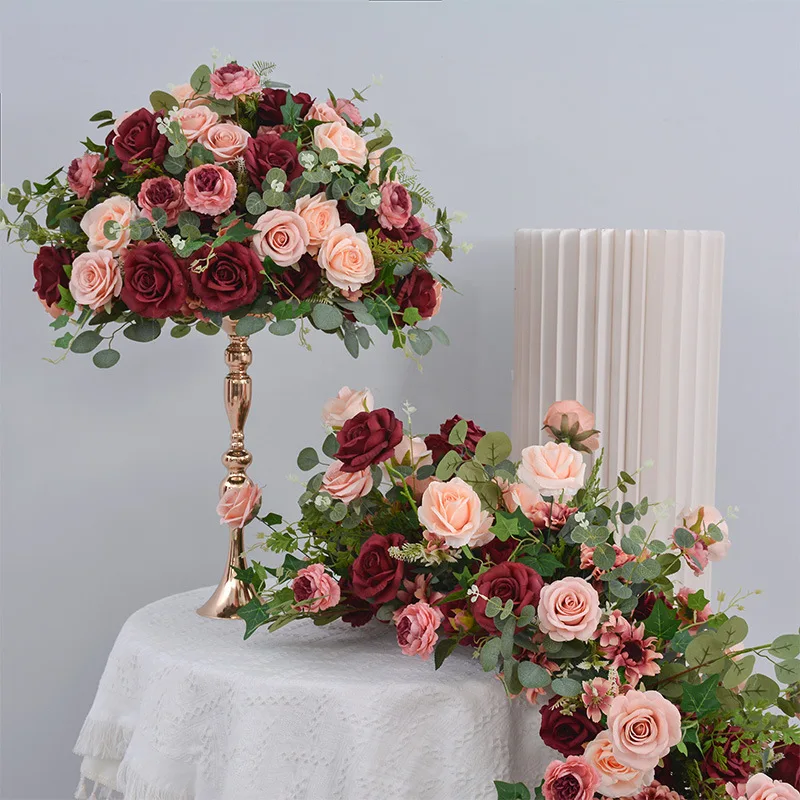 

Uflower Artificial Flower Row Red Rose Greenery Flower Arrangement Wedding Decor Table Center Flower Ball Event Backdrop Props