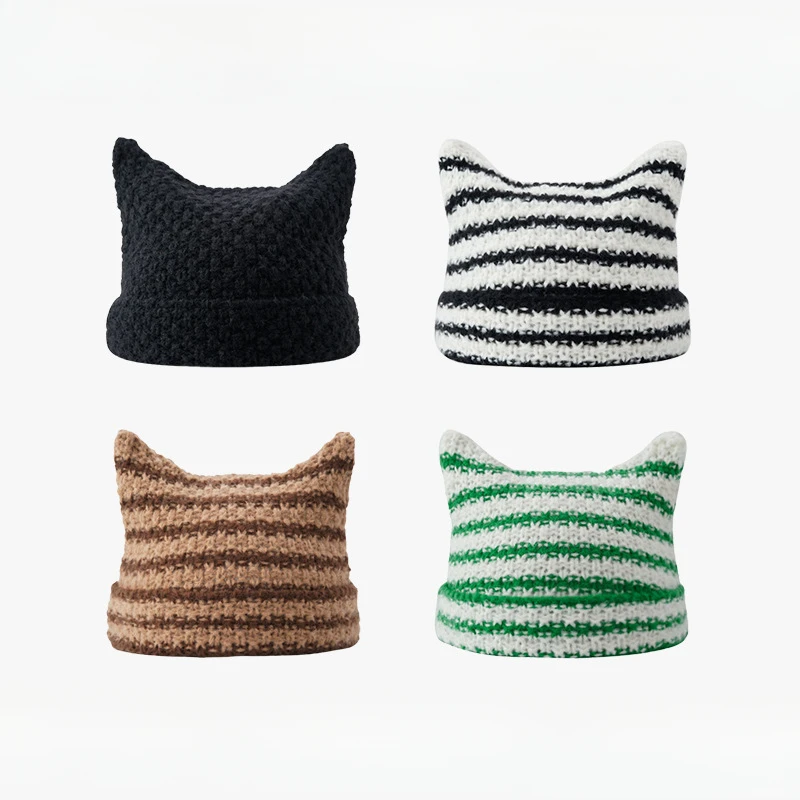 

New Japanese Korean Beanie Little Devil Striped Knitted Wool Cap Autumn And Winter Cute Cat Ears Pointed Pullover Women's Hats