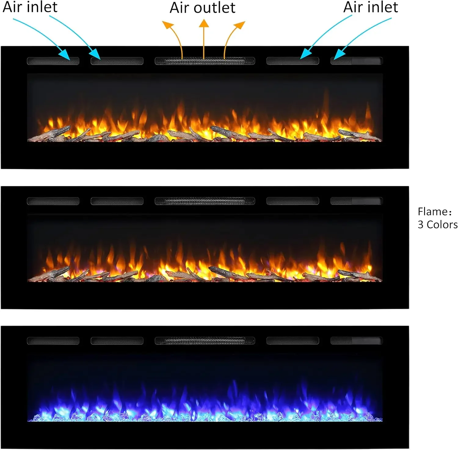 Alice 68 Inches Recessed Electric Fireplace, Flush Mounted for 2 X 6 Stud, Log Set & Crystal, 1500W Heater, Black