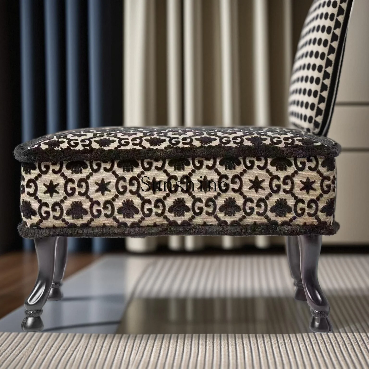 Neoclassical retro home sofa stool solid wood jacquard cloth shoe changing stool