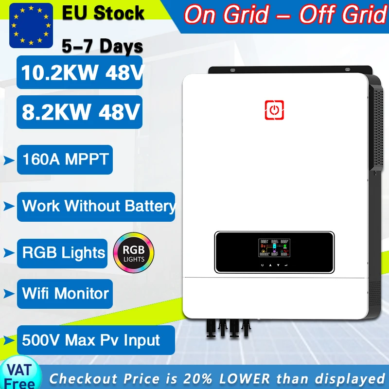 

8.2kw/10.2KW 48V On/Off Grid Built-in 180A MPPT 90-500VDC to 230VAC Dual Output Home Solar Inverter Support Wifi