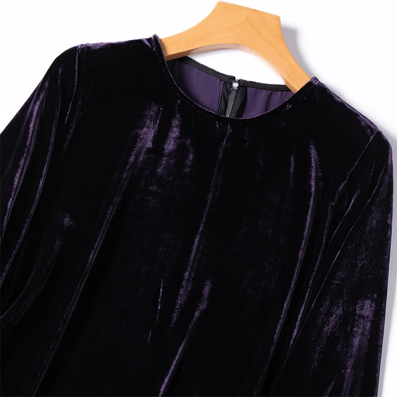 100% Mulberry Silk Lining Women Silk Velvet Blouse  Purple White Shirt Top Pullover O Neck Lantern Long Sleeve Office Lady M1215