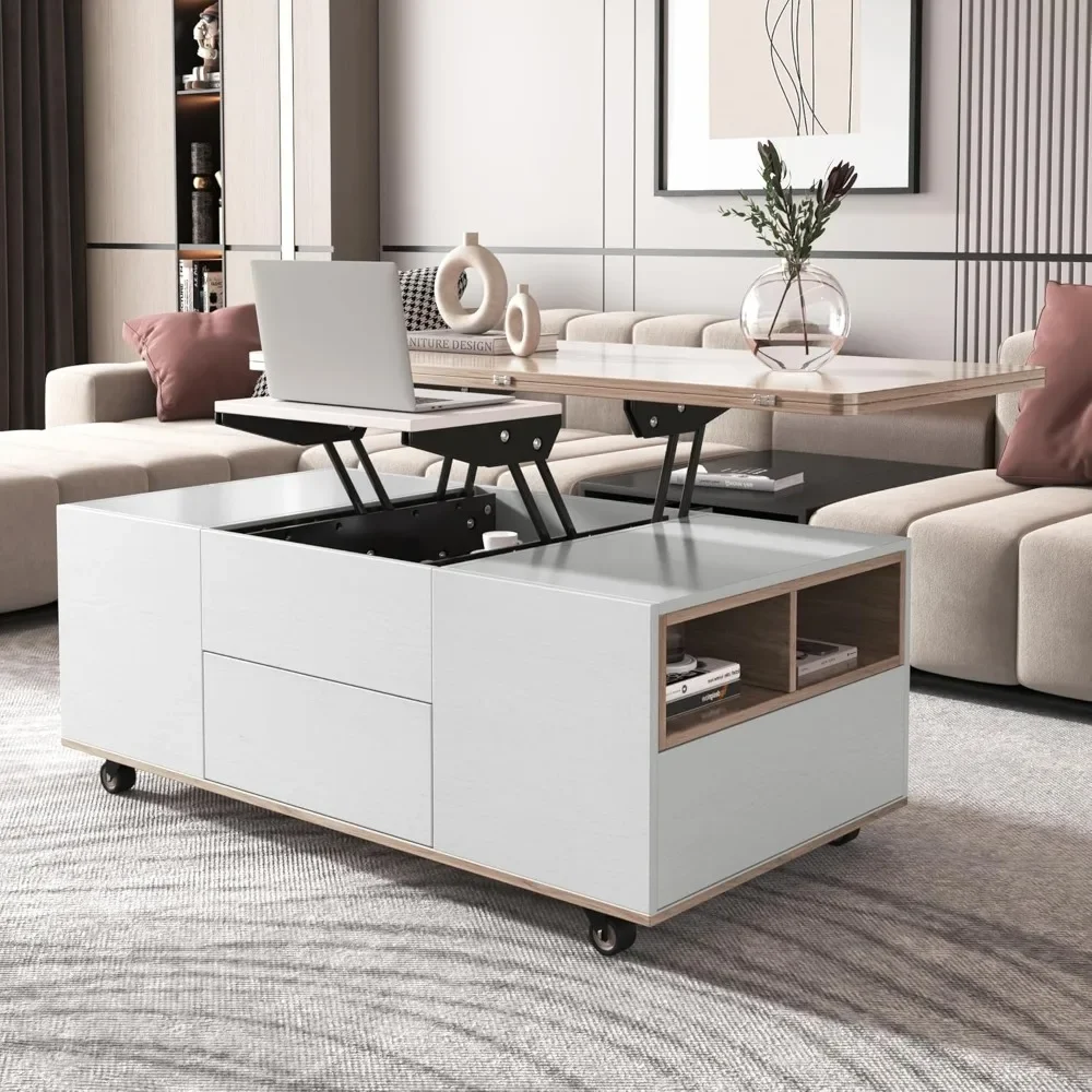 Lift Top Coffee Table with Extendable Tabletop, Storage Drawers & Cabinet