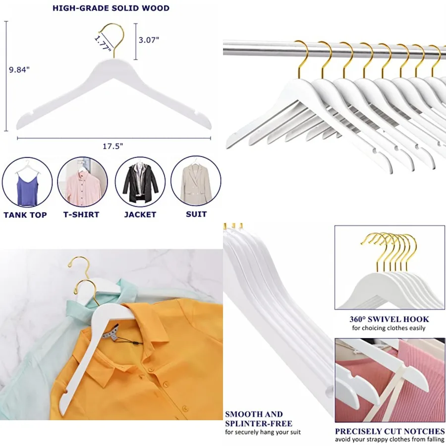

Pack Wooden Hangers with Gold Hooks, Wood Shirt Hangers with Notches for Dress, Coat, Bridal