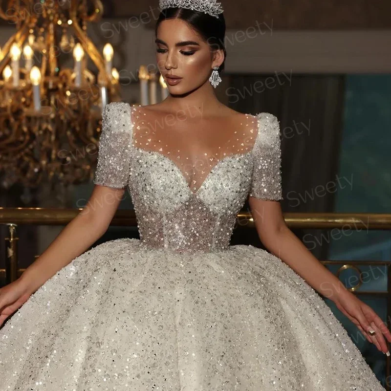 Royal Wedding Dress Lace With Beading Princess Ball Gown Sweetheart Neck Half Sleeve Bride Button Vestido De Novia Customized
