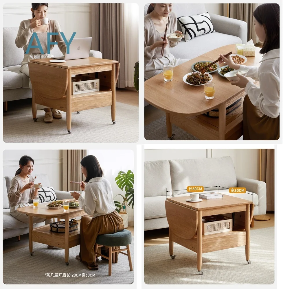 Foldable Solid Wood Coffee Table for Modern Nordic Living Room Small Apartment High Tea Table for Oak Furniture Minimalist