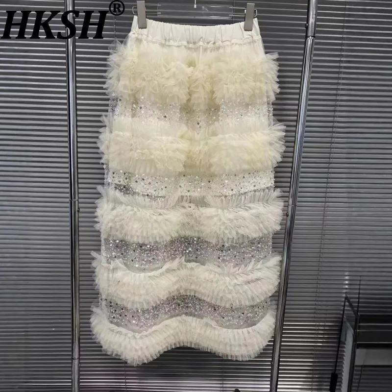 

HKSH 2026, весна-лето, новая женская юбка с блестками, многослойная, с рюшами и эластичной резинкой на талии, универсальные роскошные элегантные милые юбки HK17636