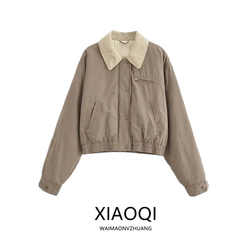 Nowa damska kurtka z długim rękawem, z kołnierzem, z bawełny woskowanej, mieszanka bawełny, kolorowa, odzież wierzchnia, dojazdy do pracy, luźny krój, zapinana na zamek.