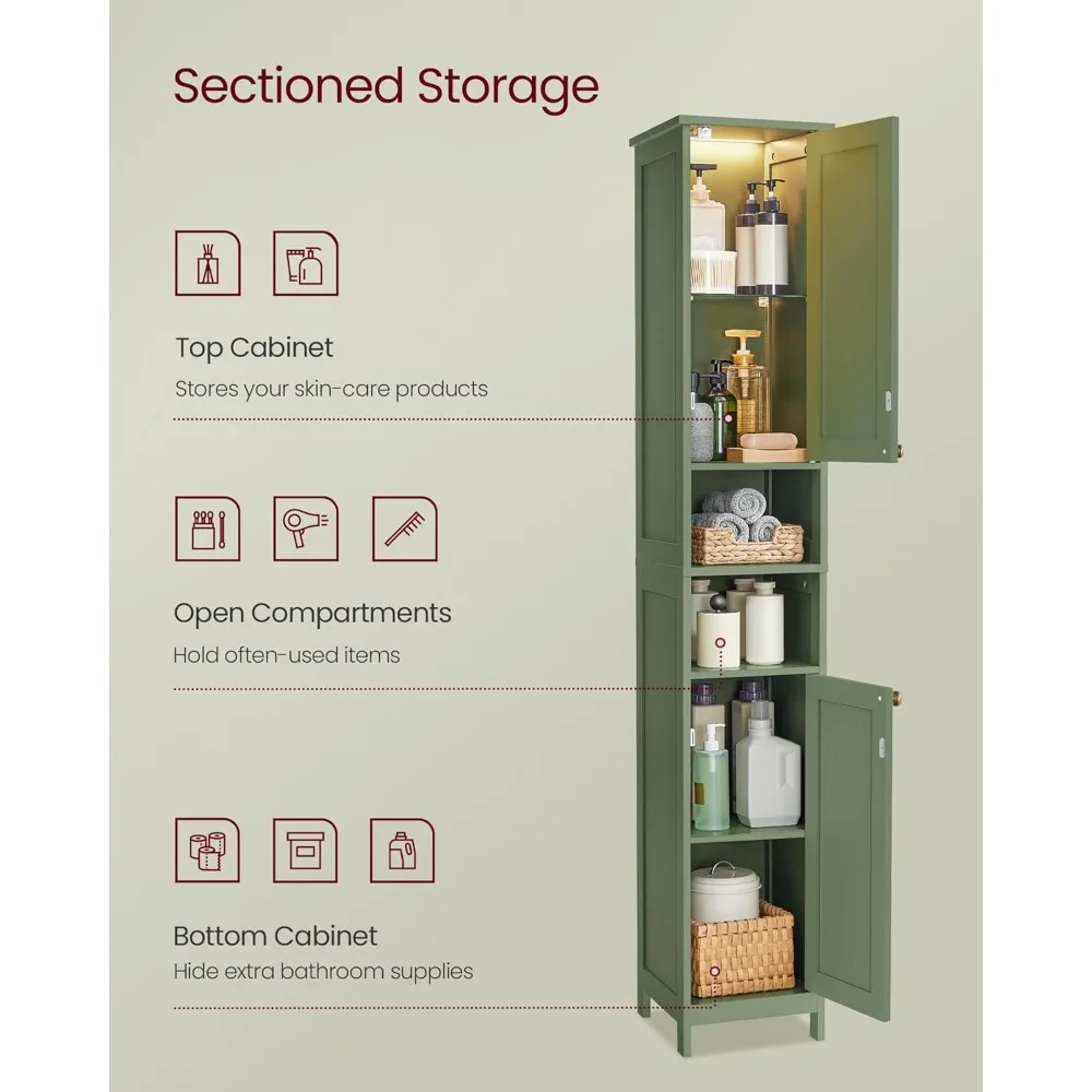 Illuminated Tall Bathroom Storage Cabinet with Adjustable Shelves for Compact Spaces