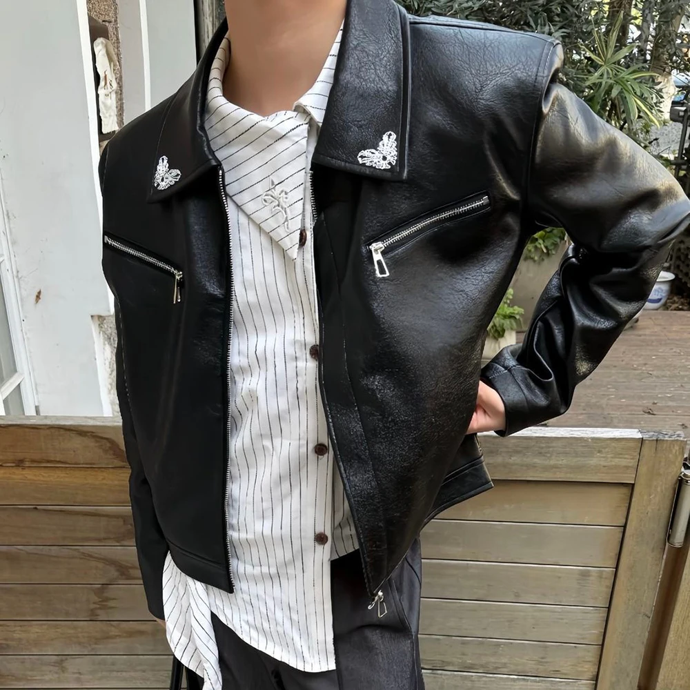 Mens Pu Leather Moto Shoulder Pads Casual Jacket Autumn Streetwear Fashion Nightclub Stage Youth Biker Niche Urban Outerwear