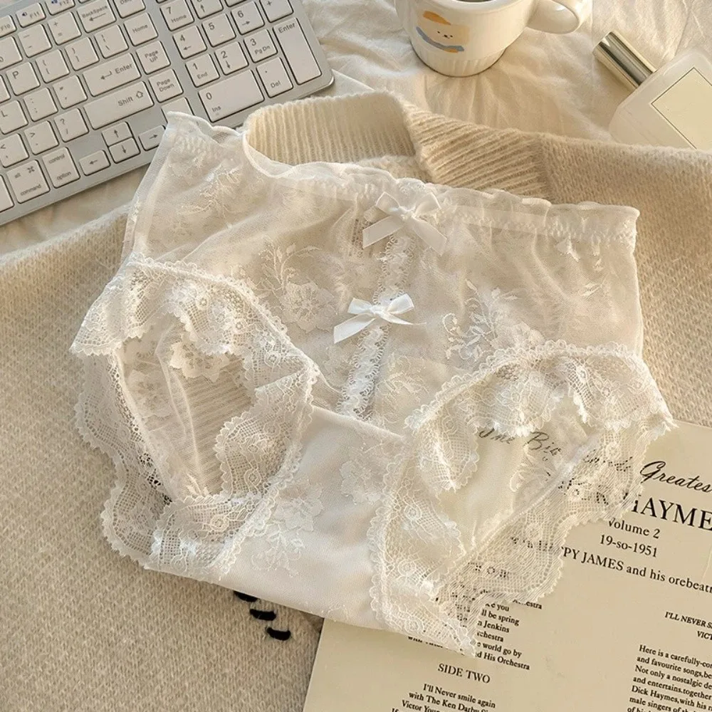 Breathable Cotton Crotch Sweet Lace Panties Mid Waist Mesh Underwear for Women Transparent Bow Lace Flower Briefs Summer