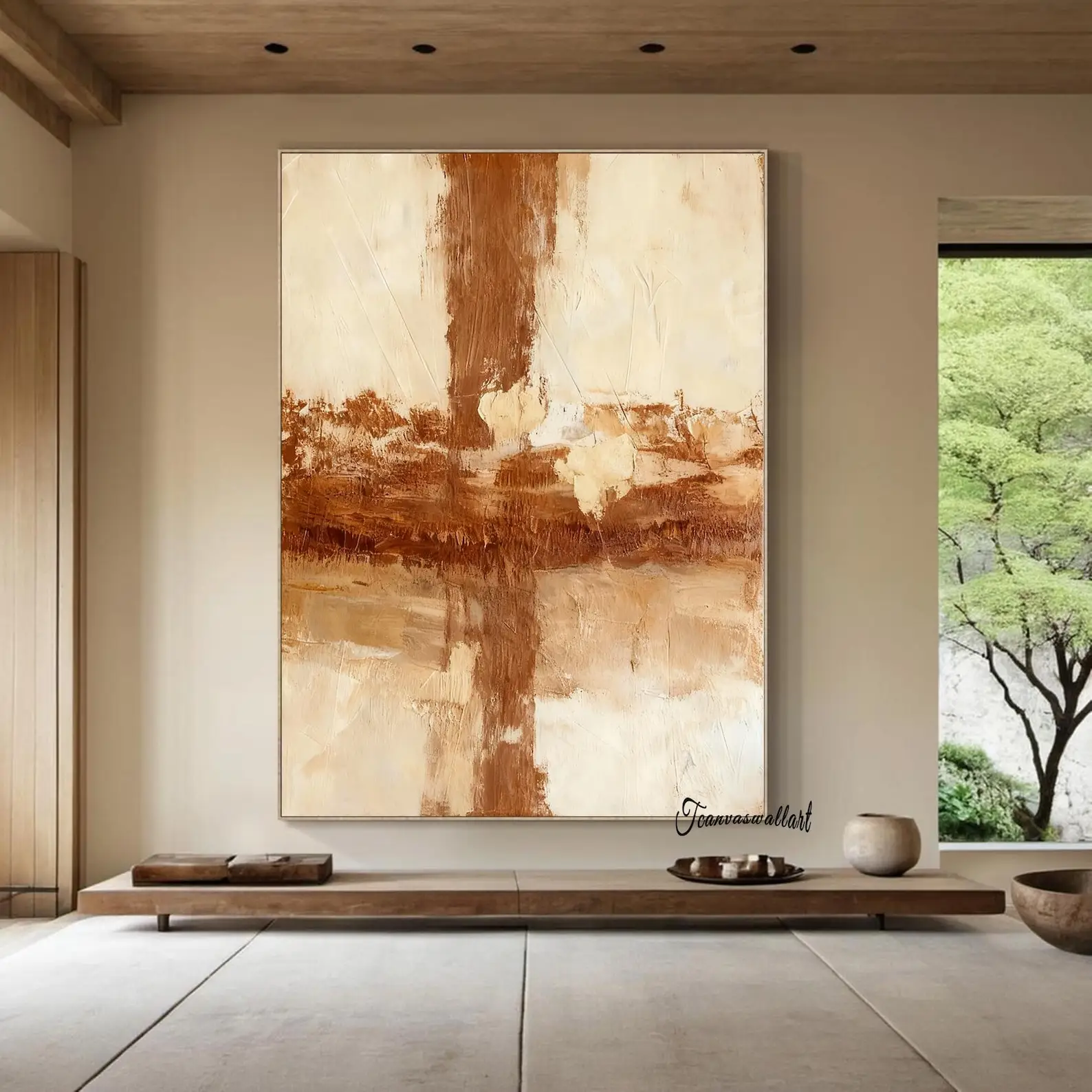 Mhemyo Large Neutral Brown Textured Wall Art Light Brown Abstract Wabi-Sabi Style Canvas Hand Painted Painting Modern Home Decor