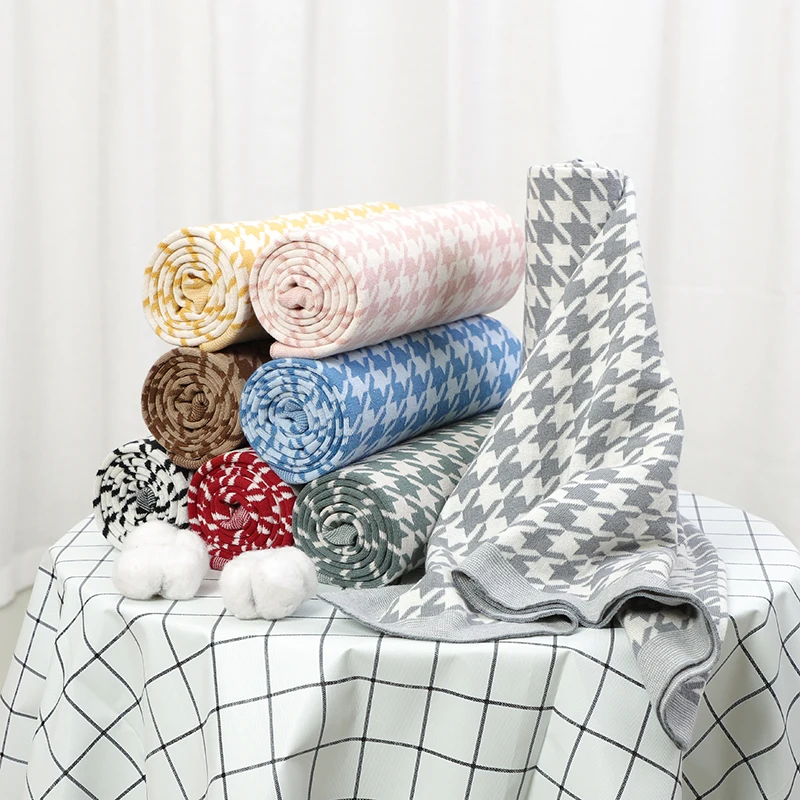 Katoenen Babydeken Gebreid Pasgeboren Meisje Jongen Beddengoed Geruite Wieg Quilts Mode Houndstooth 100*80Cm Kinderwagen Zacht Inbakeren