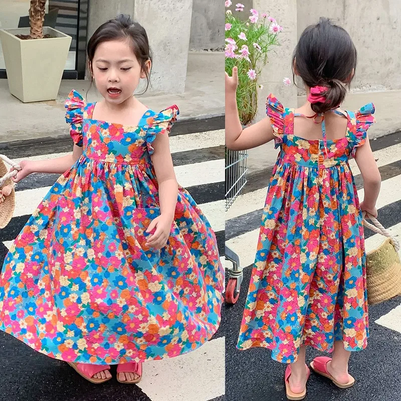 Summer Baby Girl’s Dress Ruffles Square Neck Fly Sleeve Children Clothing Dress Flower Print A-line Sweet Princess Dress Costume