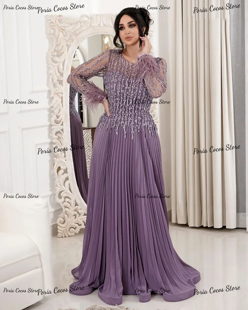 Customized Round Neck A-line Prom Gown Long Sleeve Feathers Pleat Evening Dresses Lace Elegant Banquet Dress فساتين السهرة 2023