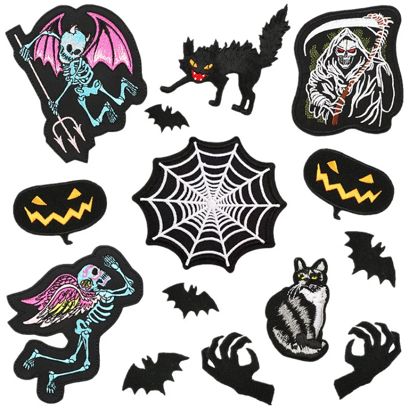 Cartoon Halloween Festival Cloth Appliques Haunted Things Black Bat Skull Demon Iron on Patches for Clothing Embroidered Decals