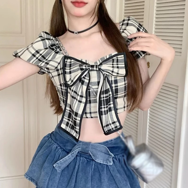 Women\'s Plaid Short Sleeve Tie Up Back Crop Top Off Shoulder Square Neck Blouse