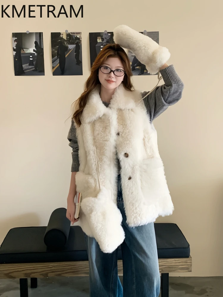 KMETRAM 100% Natural Tuscany Wool Sheepskin Fur Vest Loose White Women's Winter New Jacket Real Fur Outerwears 2025 шуба женская