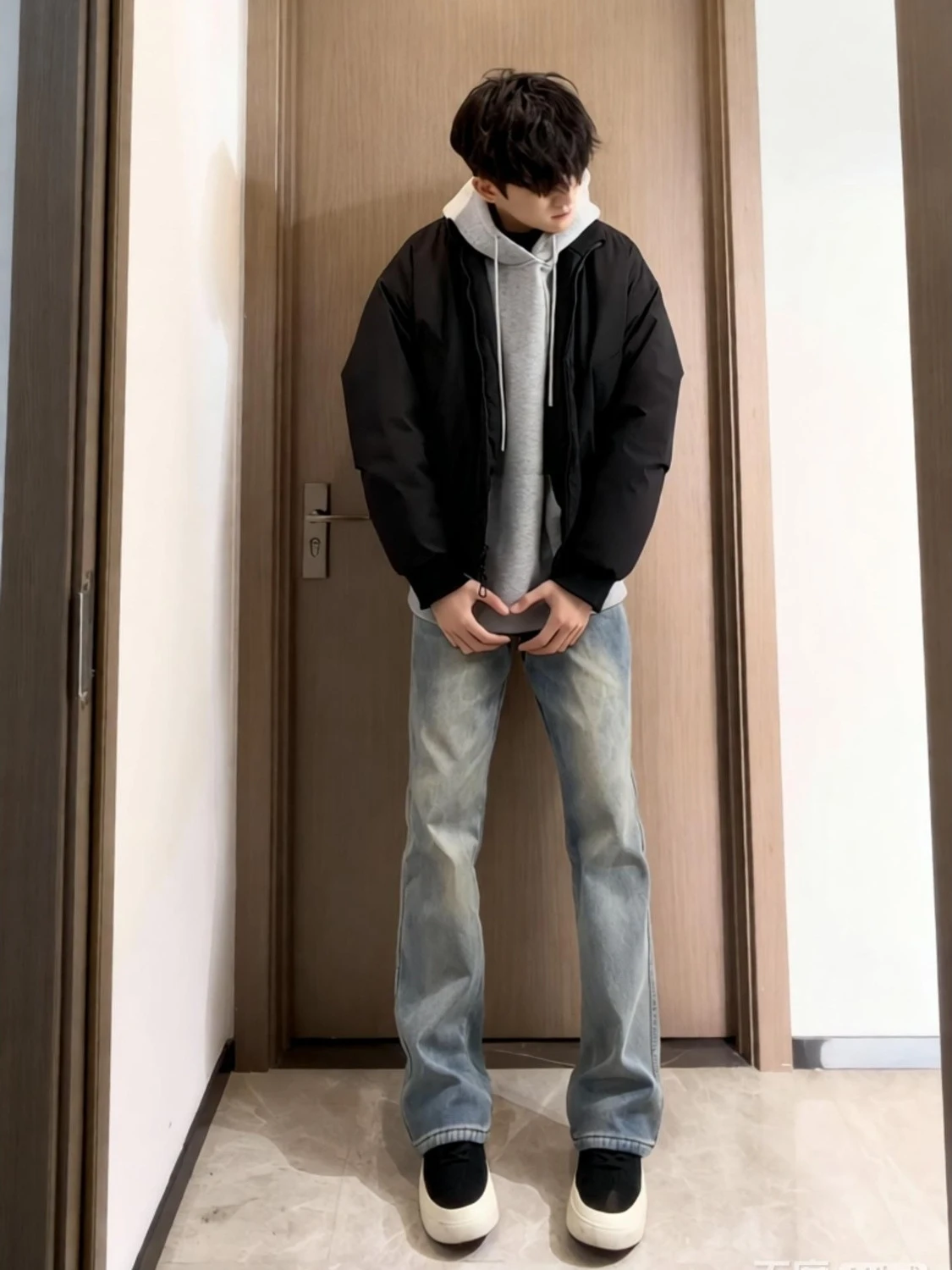 

Slim Fit High Waist Patchwork Straight Leg Jeans Men's Summer American High Street Sle Bell Bot Youth Trend Wear Resistant