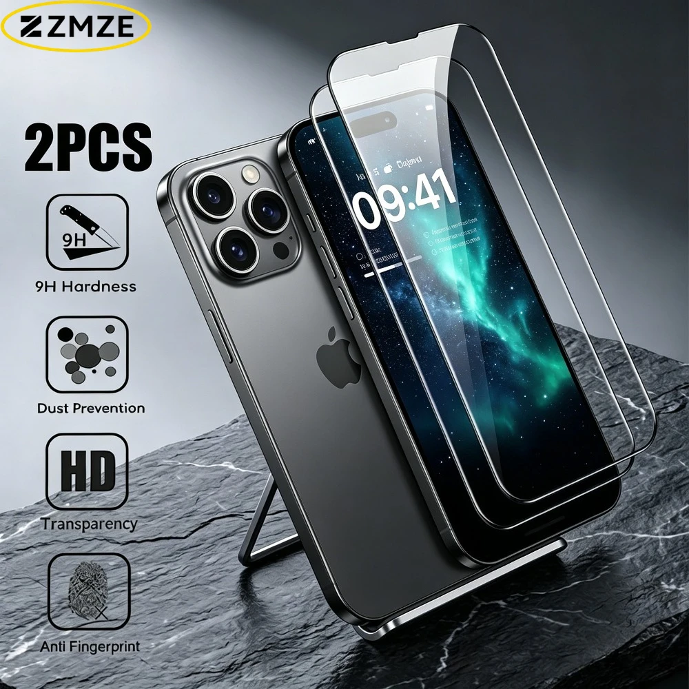 

2 шт. высокопрозрачных защитных стекол для iPhone 17, 16, 15, 14 Pro Max, Air 17e, 16e, 15 Plus, 13, 12, 11 Pro, Mini, твердость 9H, закаленное стекло