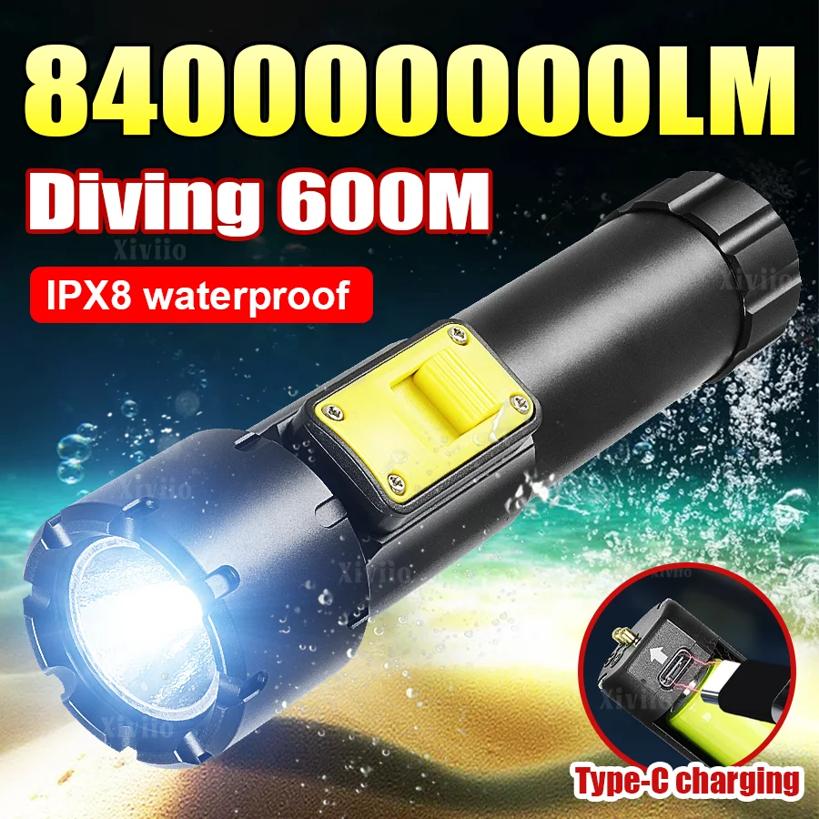 

Мощный светодиодный фонарик для дайвинга, перезаряжаемый фонарик для дайвинга, подводный фонарь для дайвинга 600 м, IP8, водонепроницаемый профессиональный фонарь для дайвинга,питание от батареи 18650,с ручной веревкой