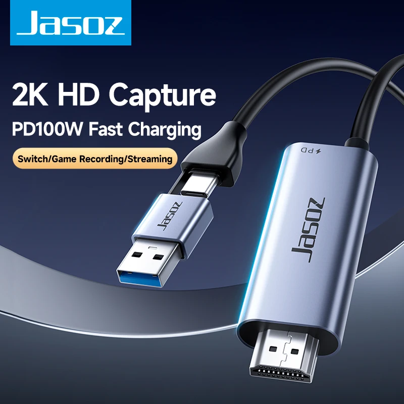 Jasoz USB 3.0 Video Capture Card PD 100W 4K HDMI to USB Type C 2K@30Hz Video Recorder Grabber for PS5 Xbox Gaming Live Streaming