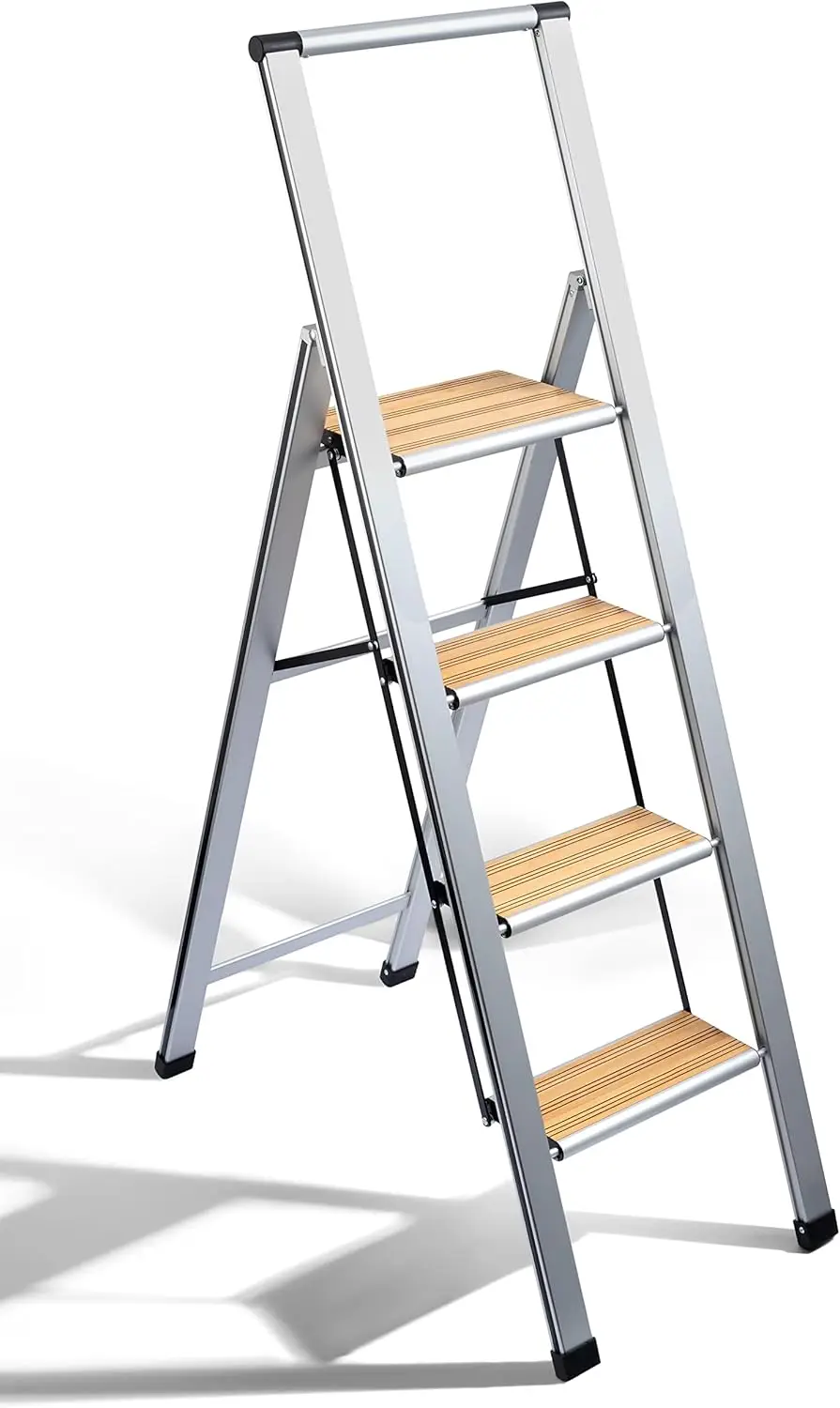 Step Ladder 4 Step Folding, Decorative  Beautiful Bamboo & Silver Aluminum, Ultra Slim Profile, Anti Slip Steps, Sturdy-Portable