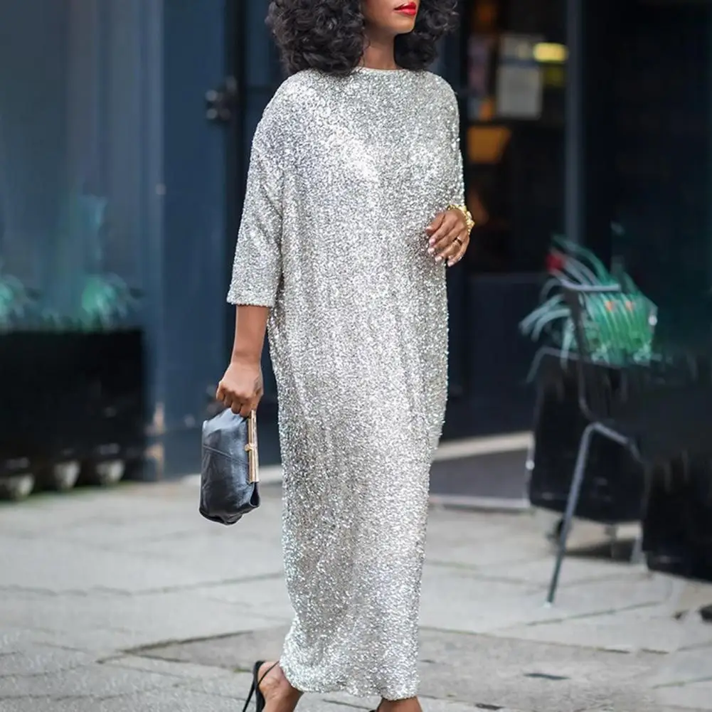 

Women Shimmering Outfit Elegant Sequin Maxi Dress for Women Shiny O Neck Ankle Length Pullover with Three Quarter Sleeves Soft