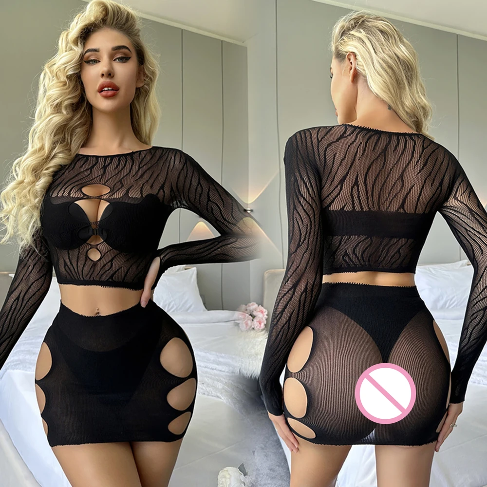 

New Women Fishnet Underwear Beach Wear Sexy Mesh Hollow Out See Through Tights Lingerie Costume Erotic Perspective Mini Dress