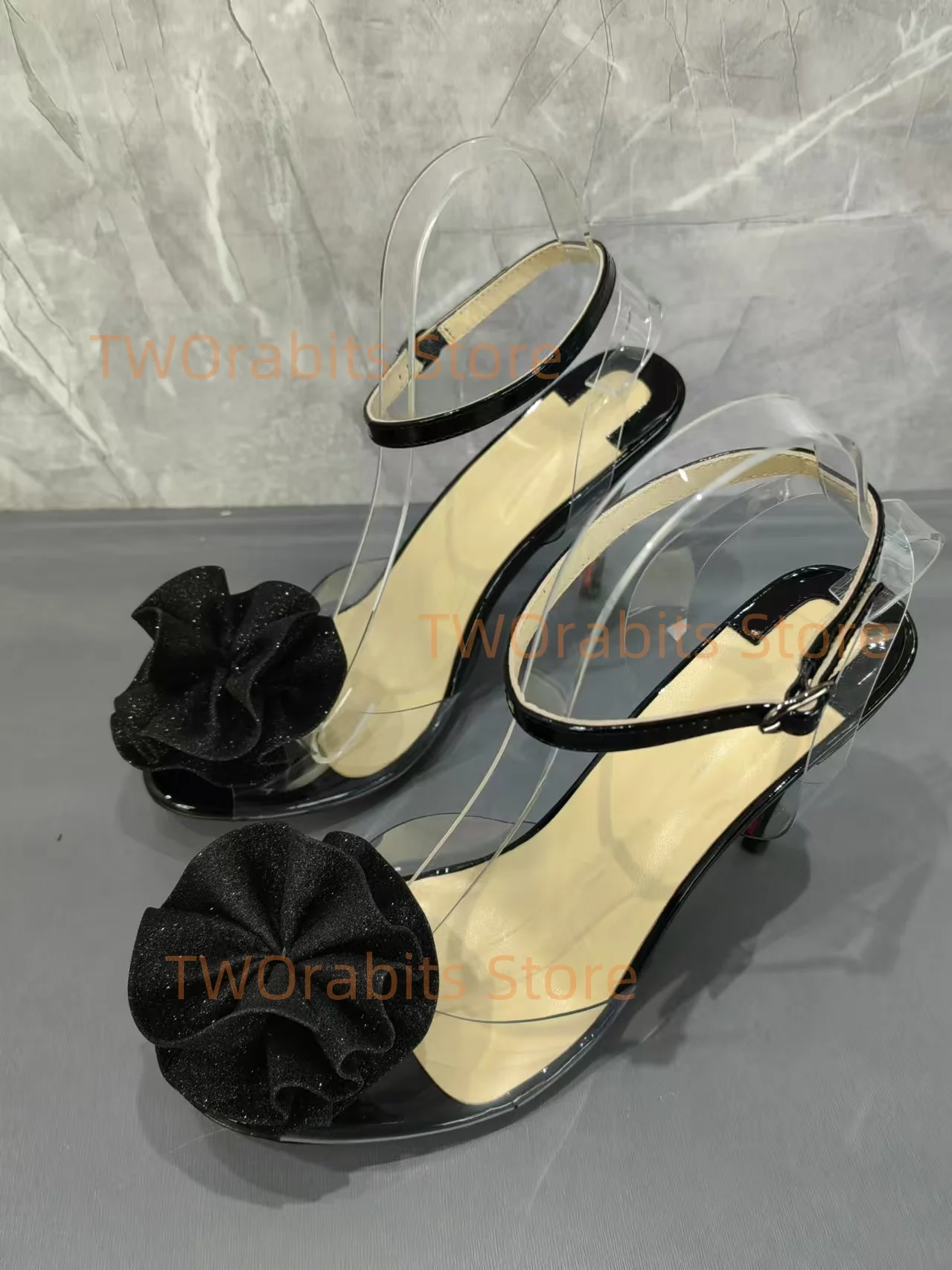 PVC Sandalias De Mujer Designer New in Women Shoes 3D Rose Sandals Thin Heel Mules Buckle Strap Sandales Plates Slingback