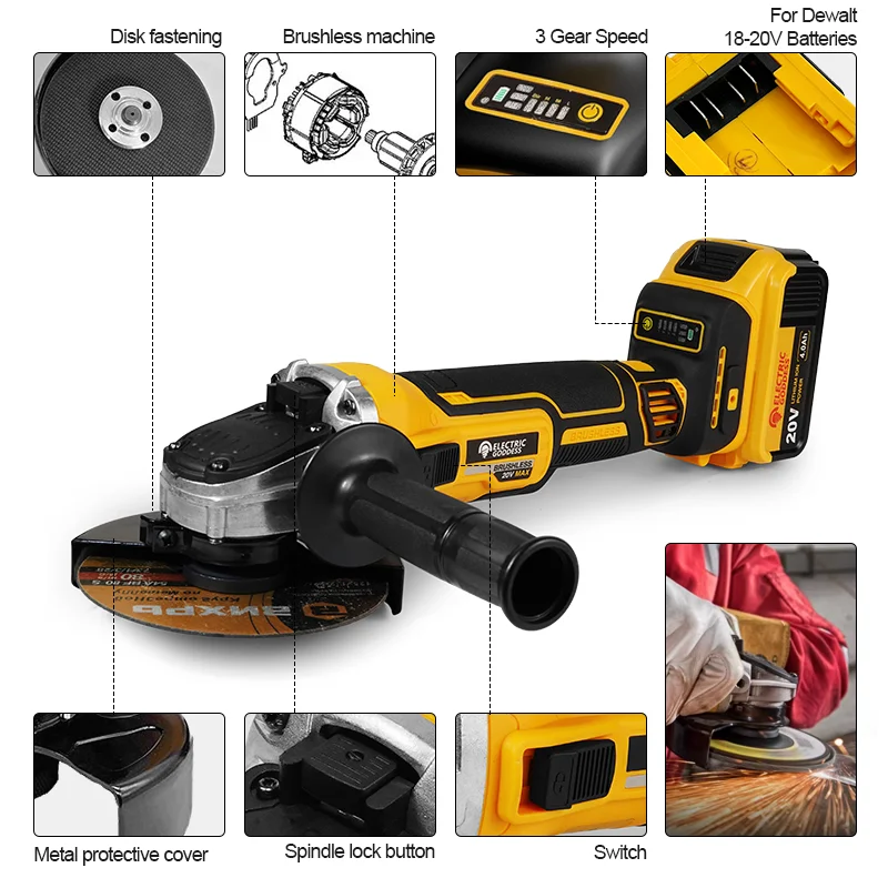 Electric Goddess 125mm DCG405 Cordless Angle Grinder Brushless Metal Cutter Woodworking Sander For Dewalt 20V Batteries